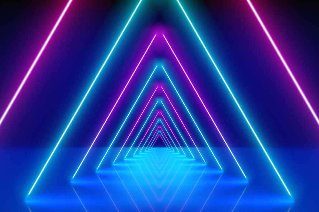 Multi-colored laser lights that form a triangular tunnel