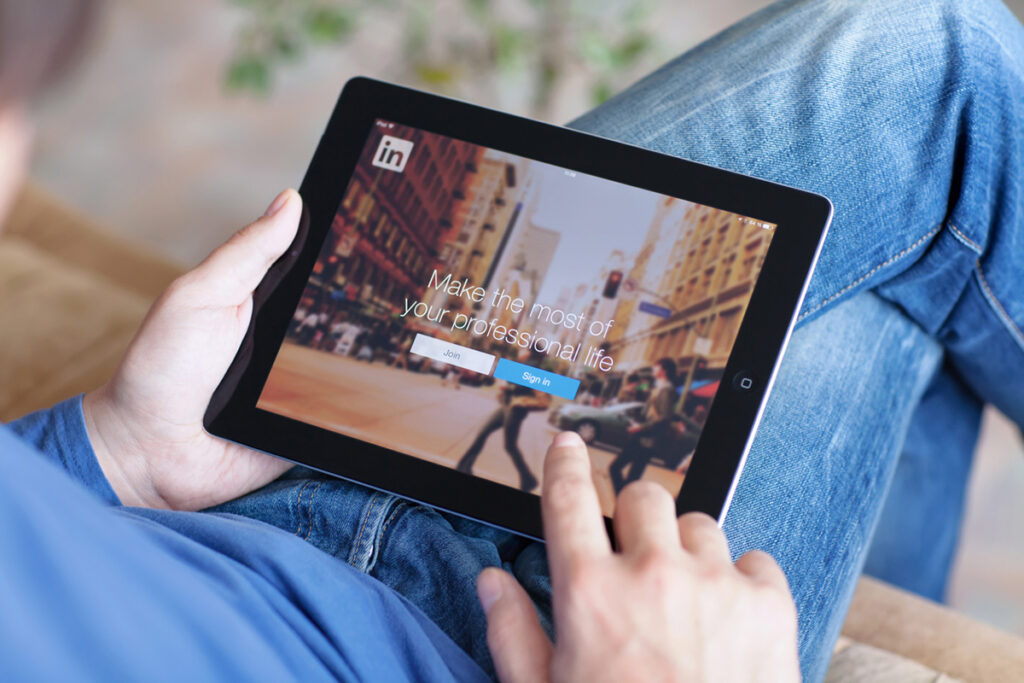 LinkedIn login screen on a tablet