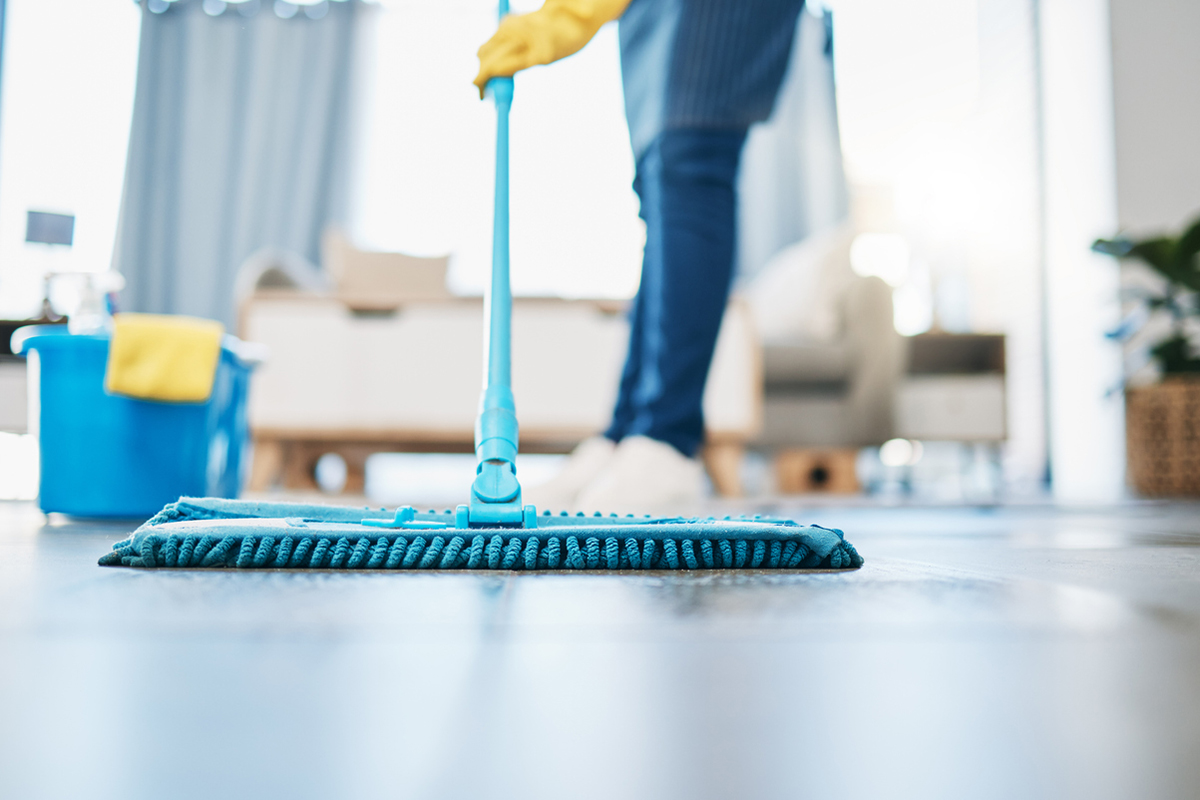 Close up image of a mop used for house cleaning jobs