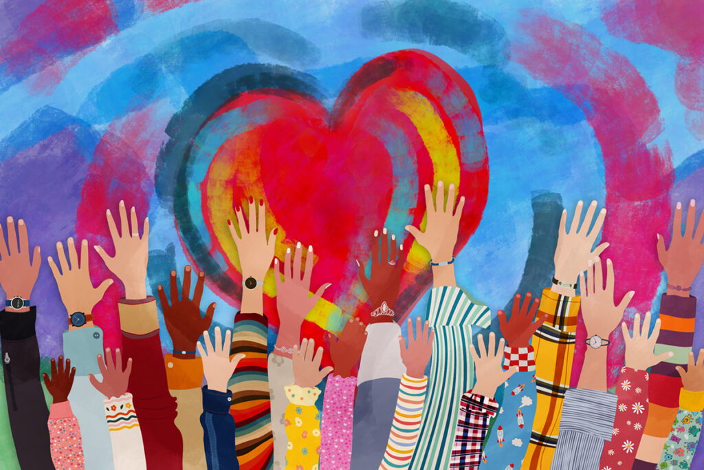 illustration of a red heart with diverse hands raised in front of it