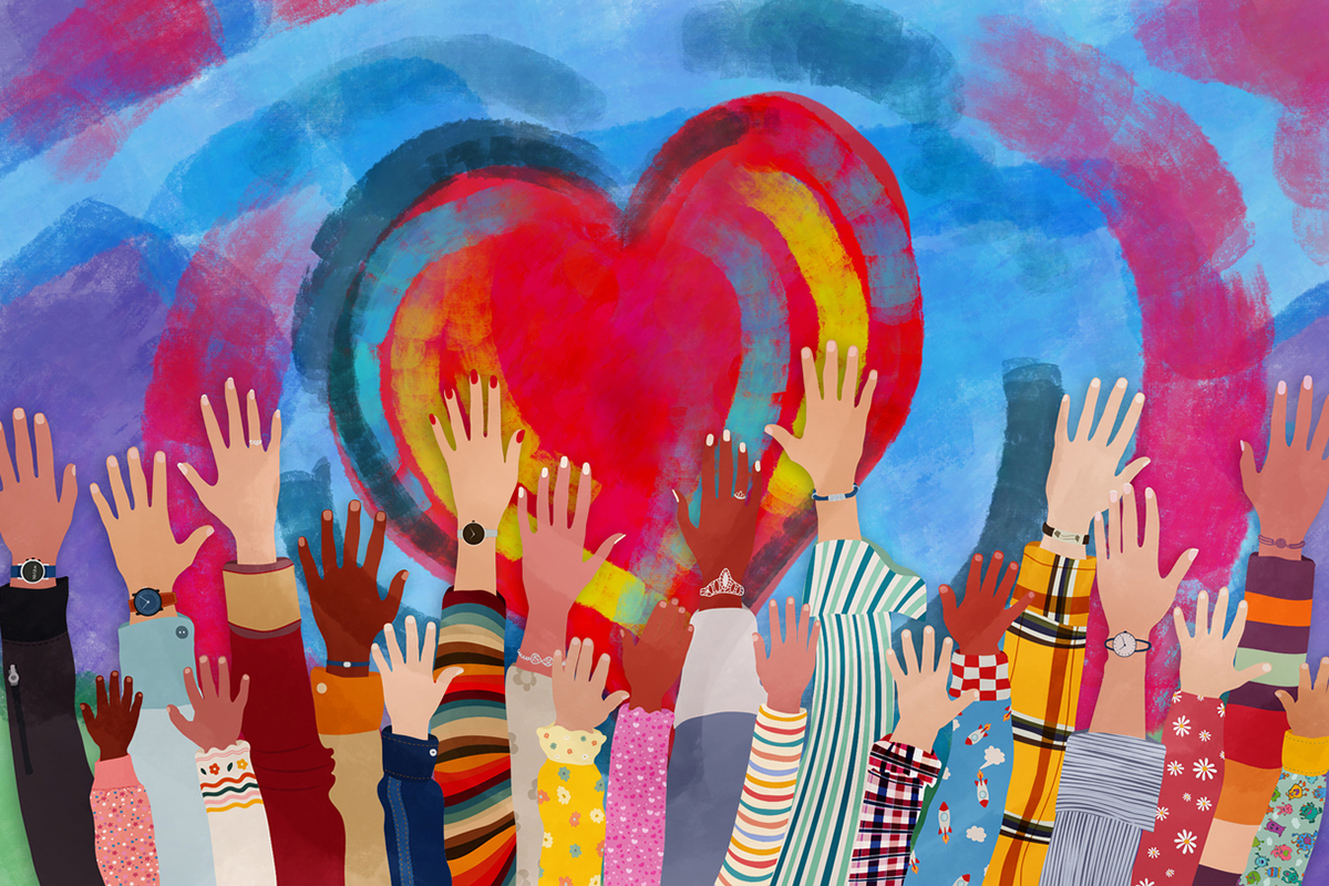 illustration of a red heart with diverse hands raised in front of it