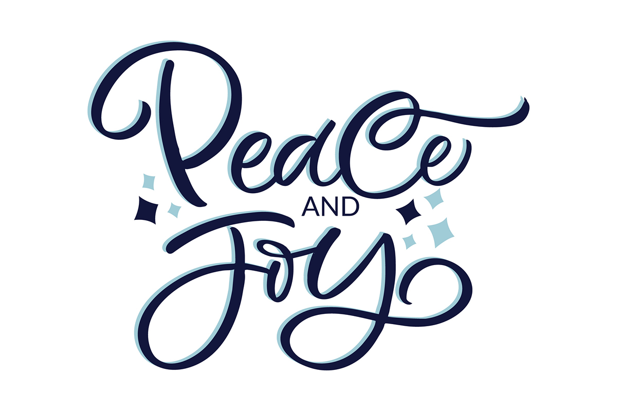 The words peace and joy in cursive font on white background