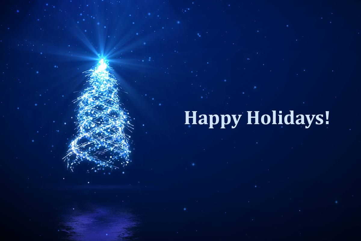 Christmas tree on blue background with the words happy holidays