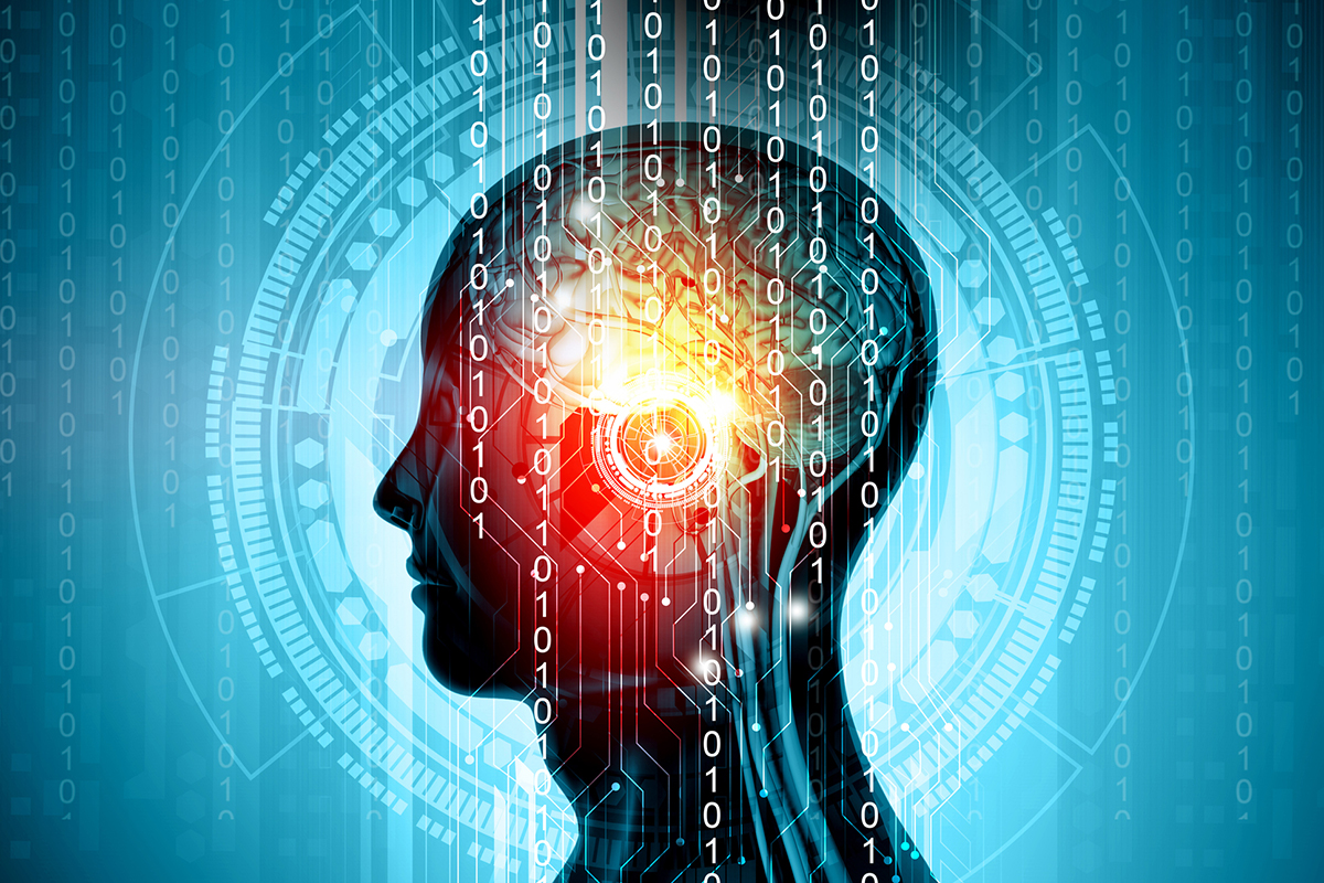 Illustration of a human head with computer imagery in it on a blue background