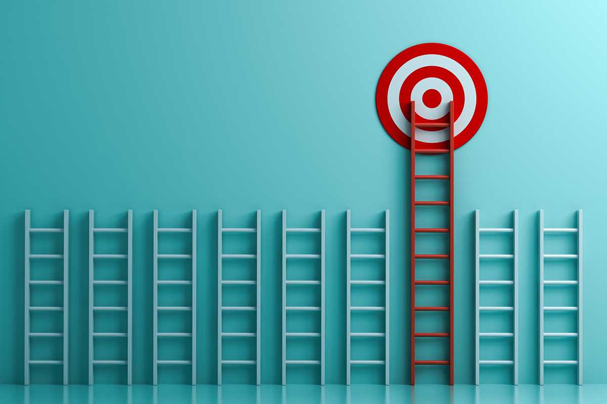 Long red ladder to goal target the business concept on blue pastel color background with shadows