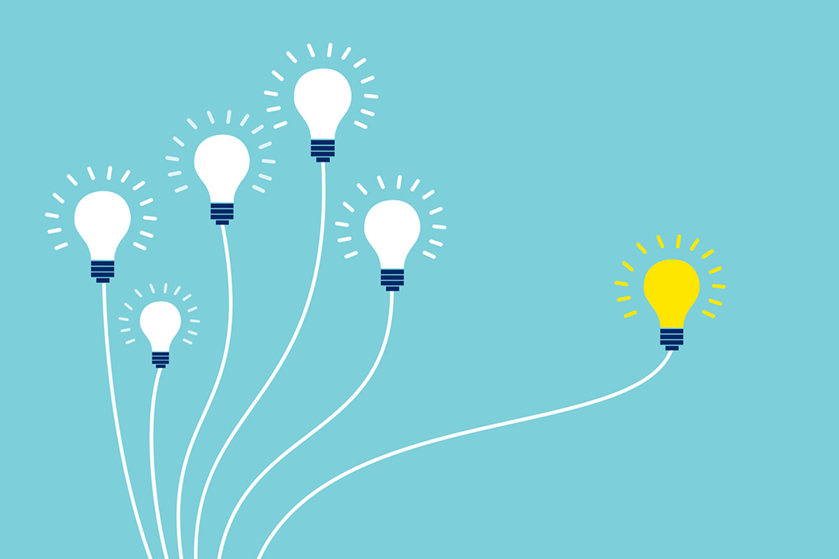 5 white lightbulbs and one yellow lightbulbs, illustrating a change in sales strategy