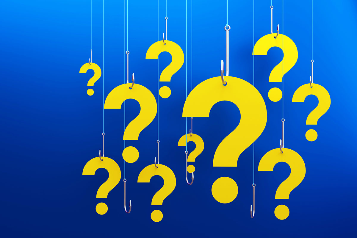 Yellow question marks on fishing hooks on blue background representing how to avoid baiting questions