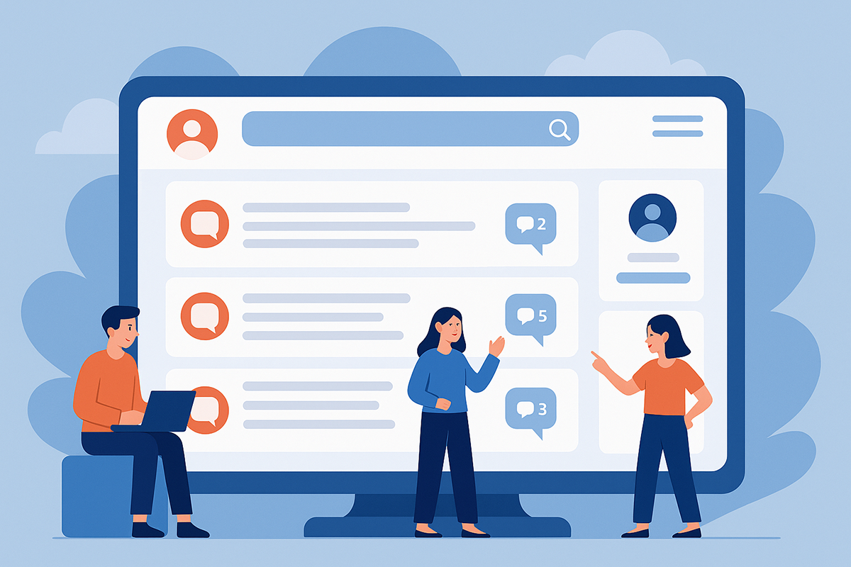 Illustration of three people in front of an online community forum, depicting forum marketing