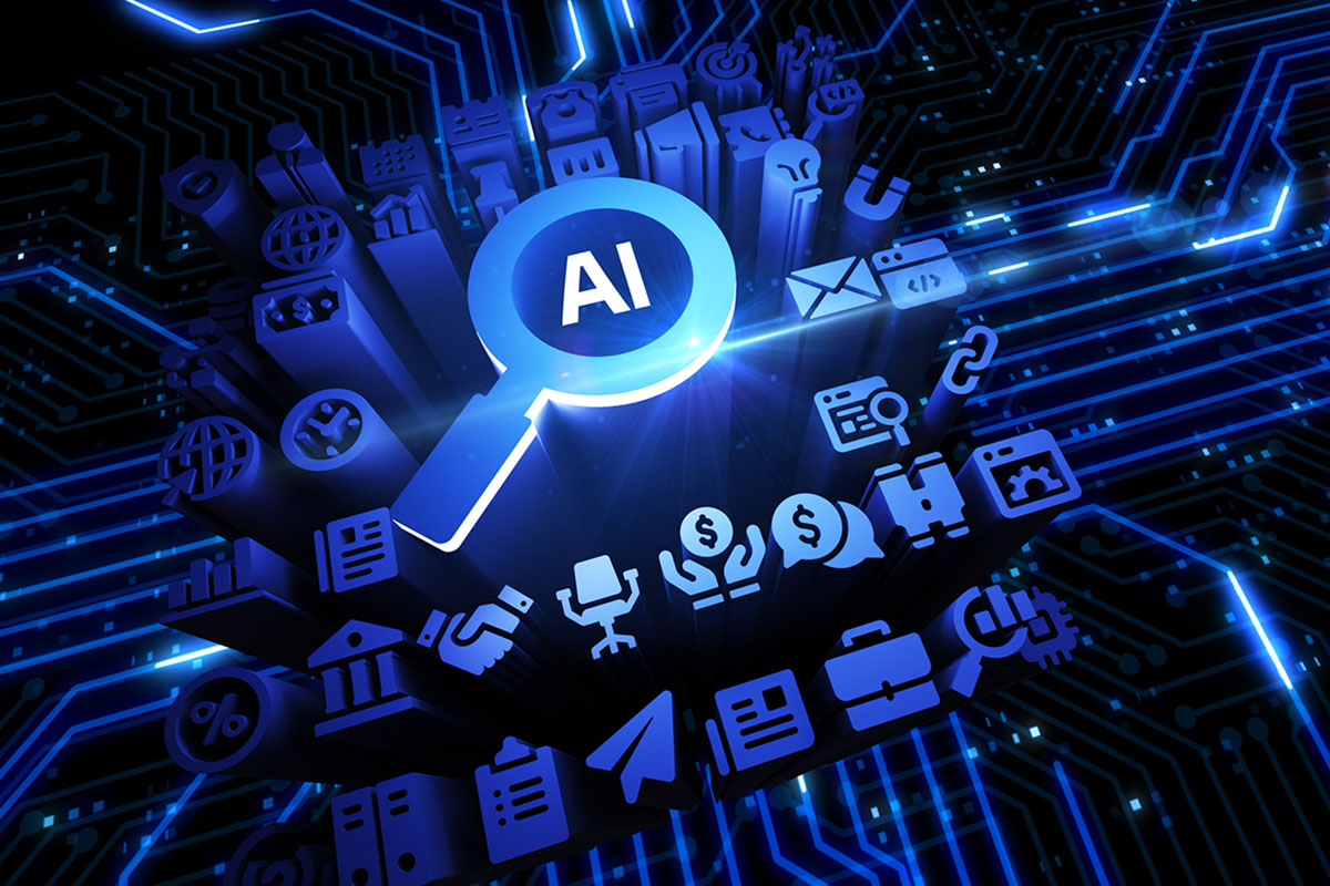 AI for sales pitches concept. Dark blue background with icons representing sales tasks in light blue and a magnifying glass over the word AI
