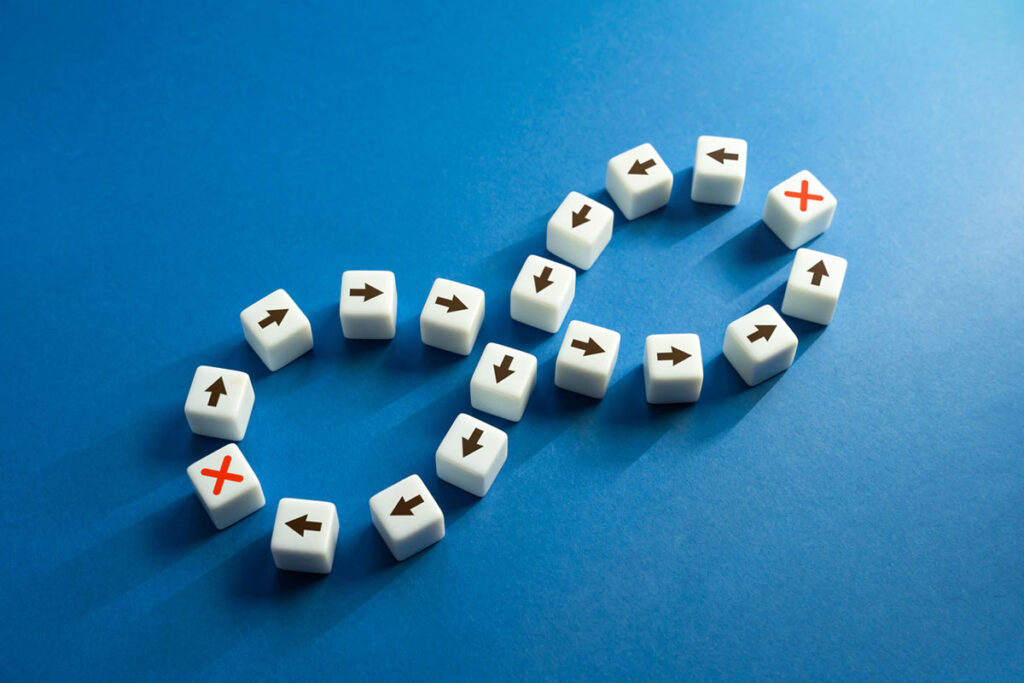 Light blue background with arrows going in continous circles, illustrating how client behavior problems cause them to get stuck in a loop