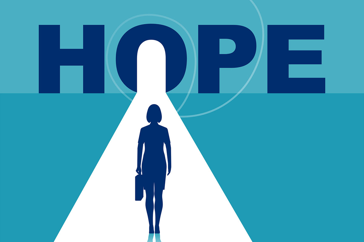 Light blue background with a ray of light coming from the "O" and a business woman walking toward it, illustrating how leaders inspire hope