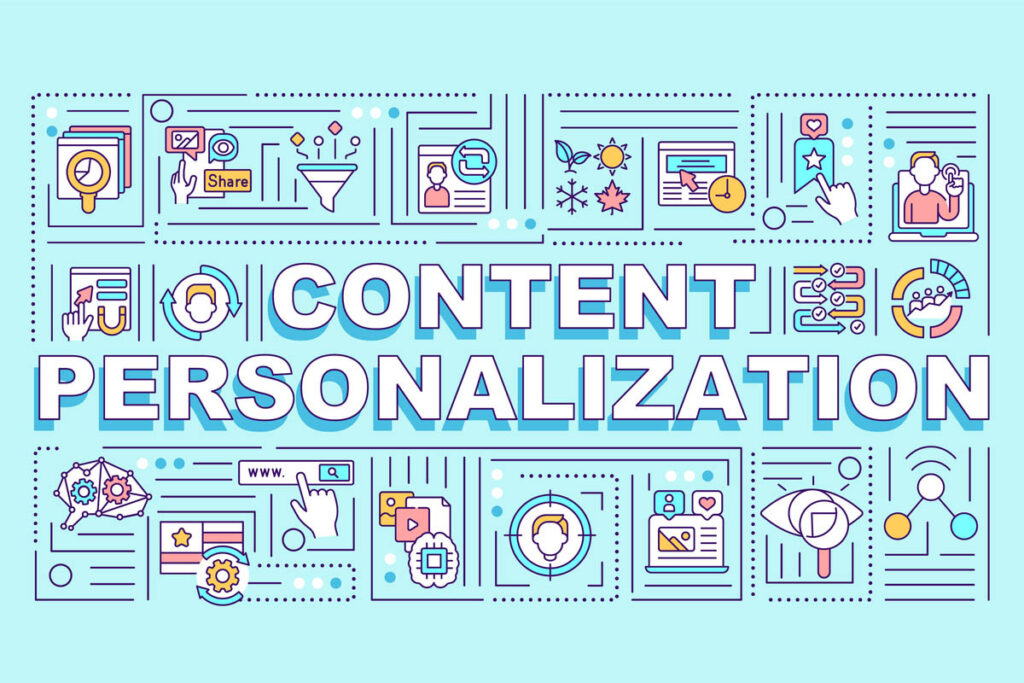 Content personalization word concepts banner, illustrating AI-powered content personalization