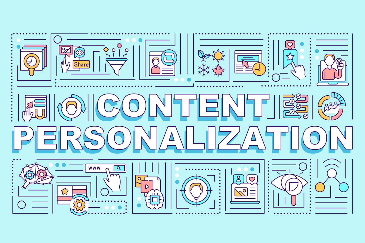 Content personalization word concepts banner, illustrating AI-powered content personalization