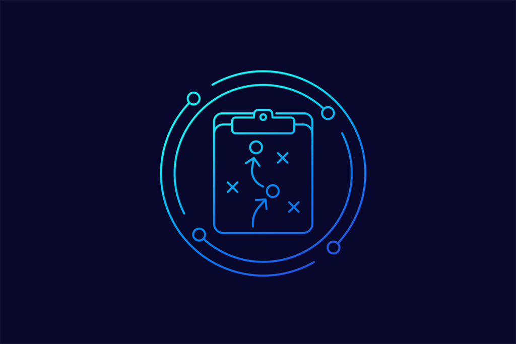 Illustration of a playbook in neon colors on black background, illustrating a personal playbook for client success