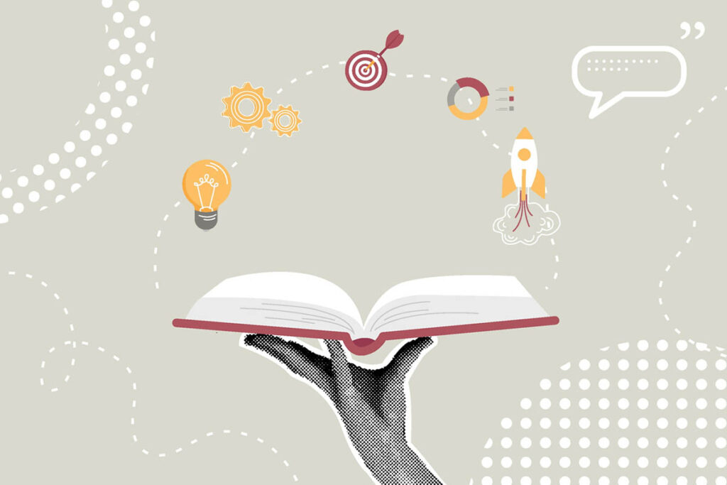 Illustration of an open book with sales and marketing icons above it, illustrating book promotion strategies