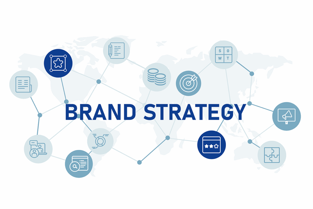 The words Brand Strategy on top of faded-looking icons representing strategy and analysis -- and illustrating brand strategy research