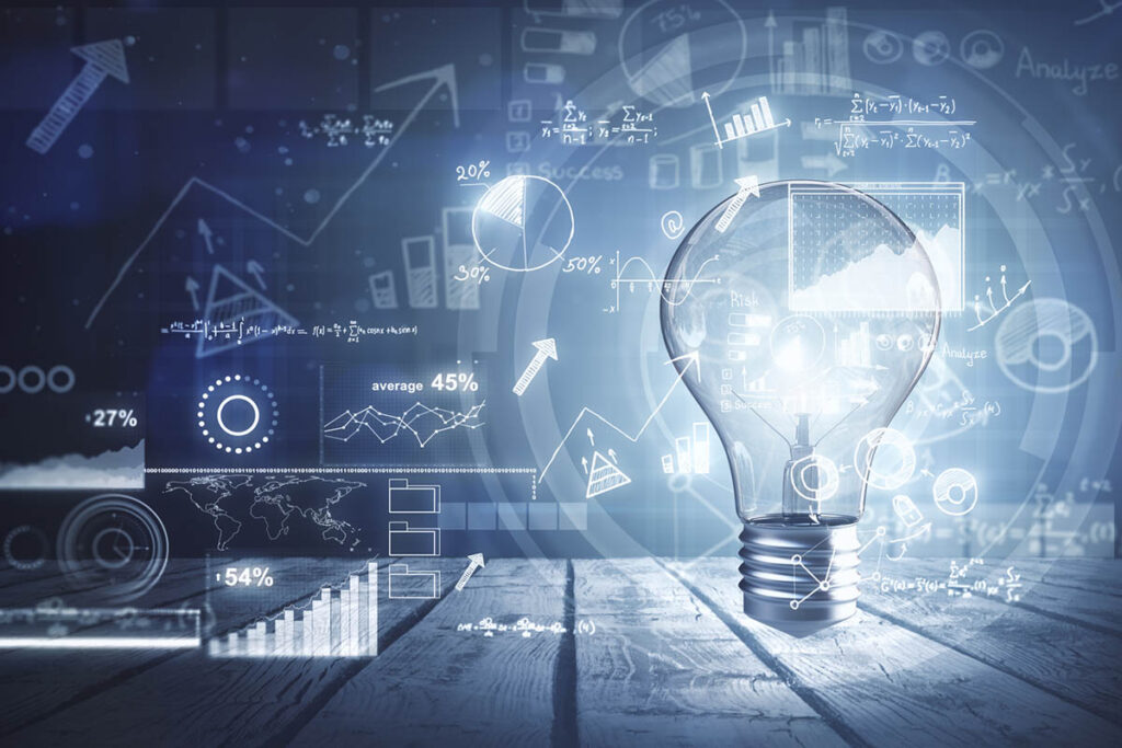 Ligtbulb glowing in front of data, figures and charts illustrating the power of creative insights in marketing