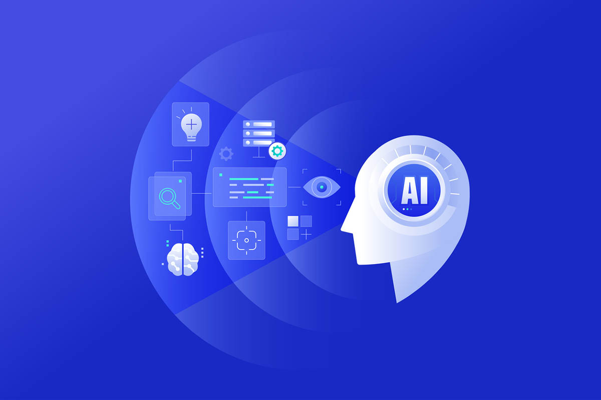 AI-driven decision-making concept illustration, blue background with white human head silhouette and white marketing icons, representing AI in content marketing
