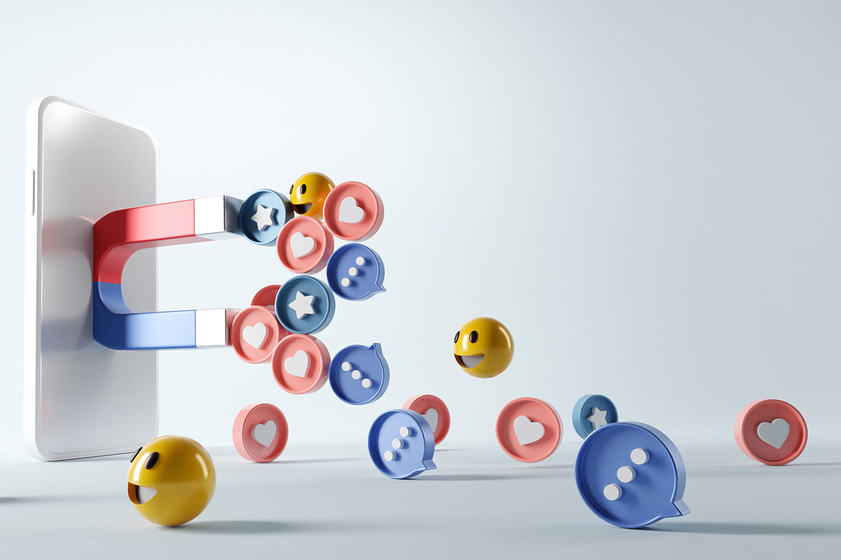 Magnet emerging from a smartphone attracting social media icons like hearts, stars, and chat bubbles, symbolizing influence and engagement in B2B influencer marketing.