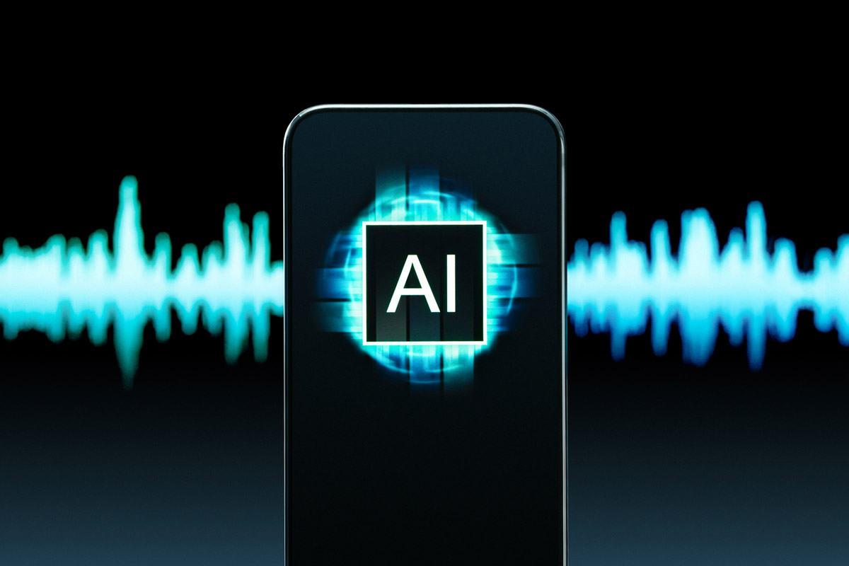 Smartphone displaying AI symbol with glowing soundwave graphics, representing how AI in buyer research is transforming search and discovery.