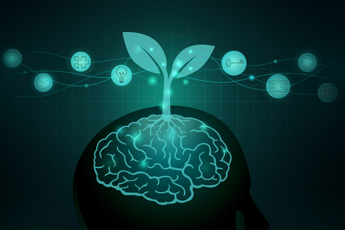 Abstract graphic of a glowing brain and sprouting plant, depicting the power of a growth mindset.