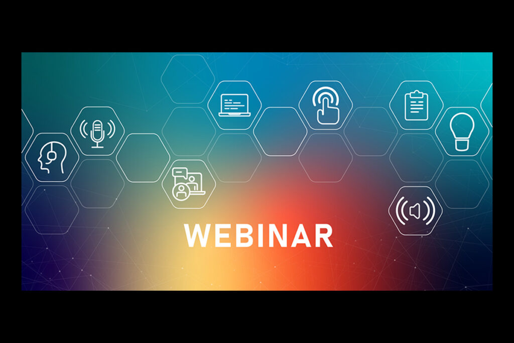 Colorful digital background with the word “Webinar” in bold white text, surrounded by icons for communication, microphones, and lightbulbs—representing engagement and innovation in a modern B2B webinar strategy.