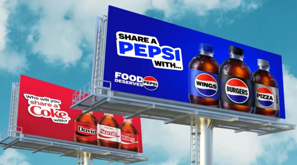 Side-by-side Coke and Pepsi billboards, with Pepsi humorously parodying Coke’s “share a Coke” campaign, illustrating how using humor in marketing can be a powerful competitive response.