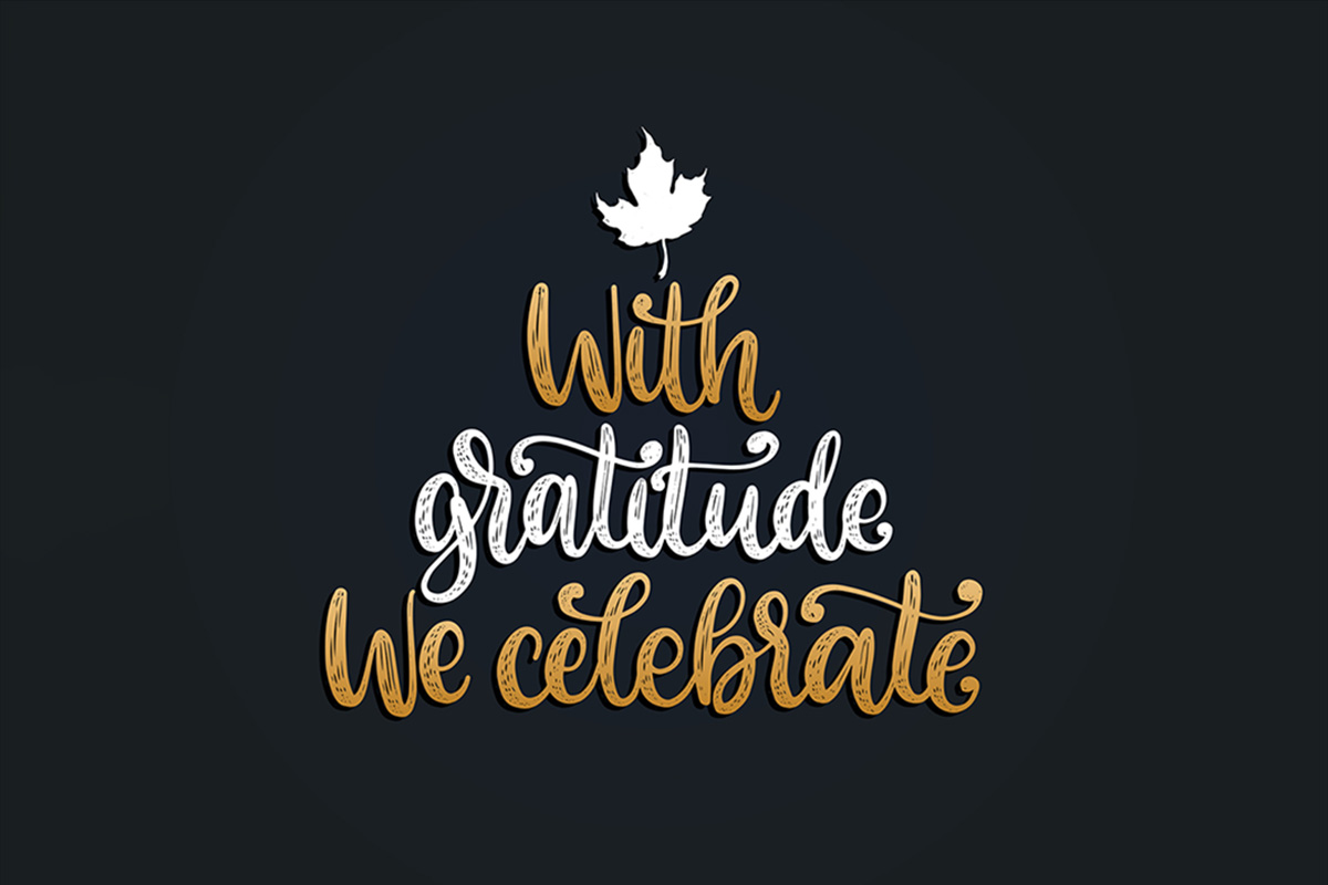 Dark background with hand-lettered text forming a tree shape that reads ‘With gratitude we celebrate,’ featuring a white leaf at the top — a visual reminder to celebrate wins during the holiday season.