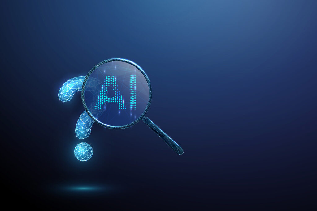A digital illustration of a magnifying glass highlighting the letters “AI” inside a glowing question mark, symbolizing uncertainty in AI search results and AI brand drift.