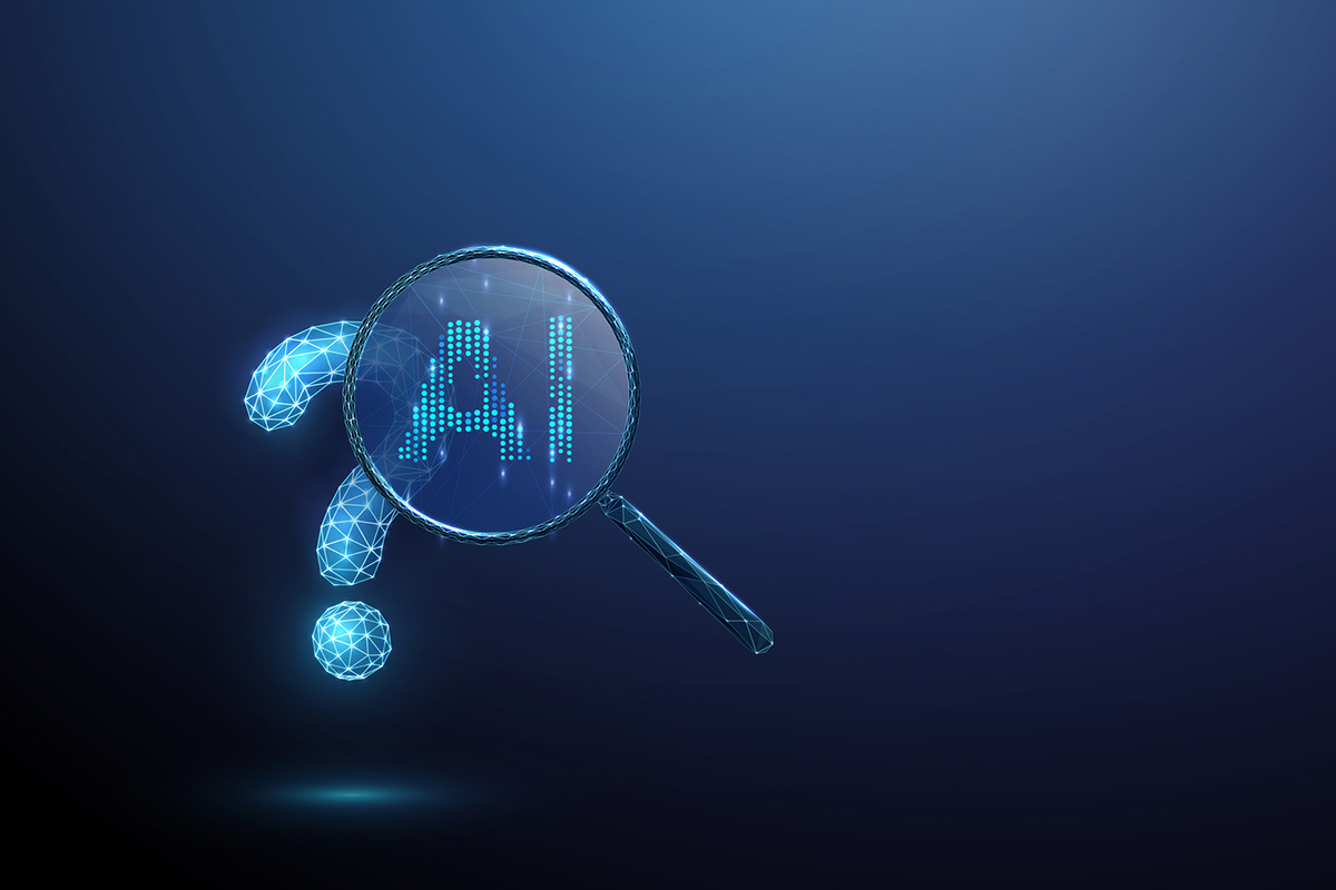 A digital illustration of a magnifying glass highlighting the letters “AI” inside a glowing question mark, symbolizing uncertainty in AI search results and AI brand drift.