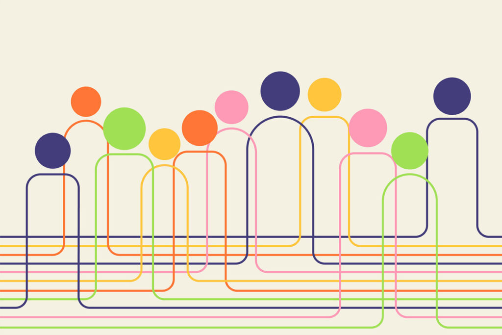 A colorful abstract illustration of interconnected lines forming simple human figures, representing how hidden buyers influence B2B buying groups and decision pathways.