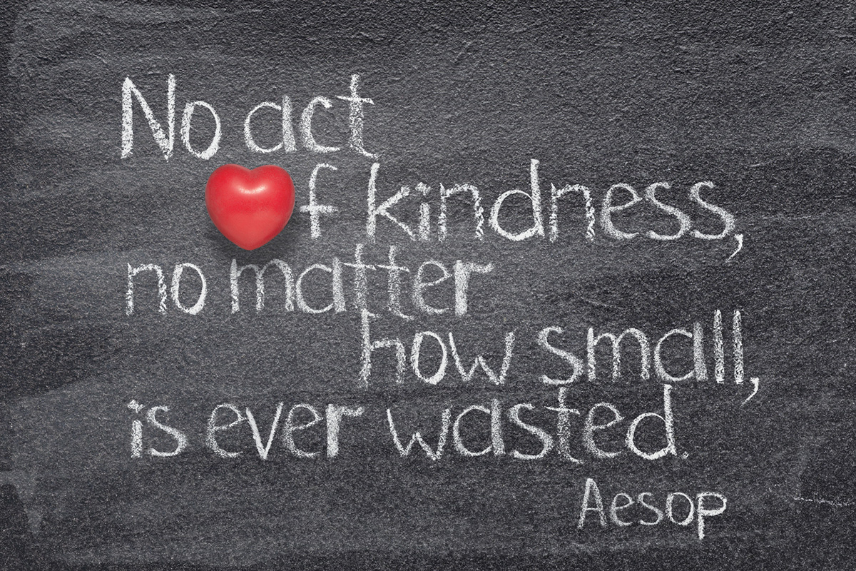Chalkboard with the quote “No act of kindness, no matter how small, is ever wasted” written in white chalk, with a small red heart accent.
