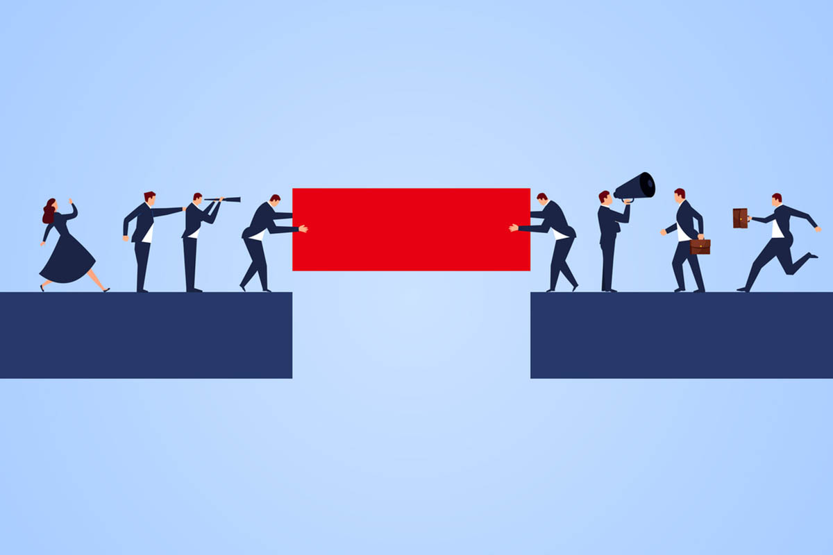 Illustration showing professionals bridging a gap, symbolizing closing the marketing confidence gap and aligning effort with results.