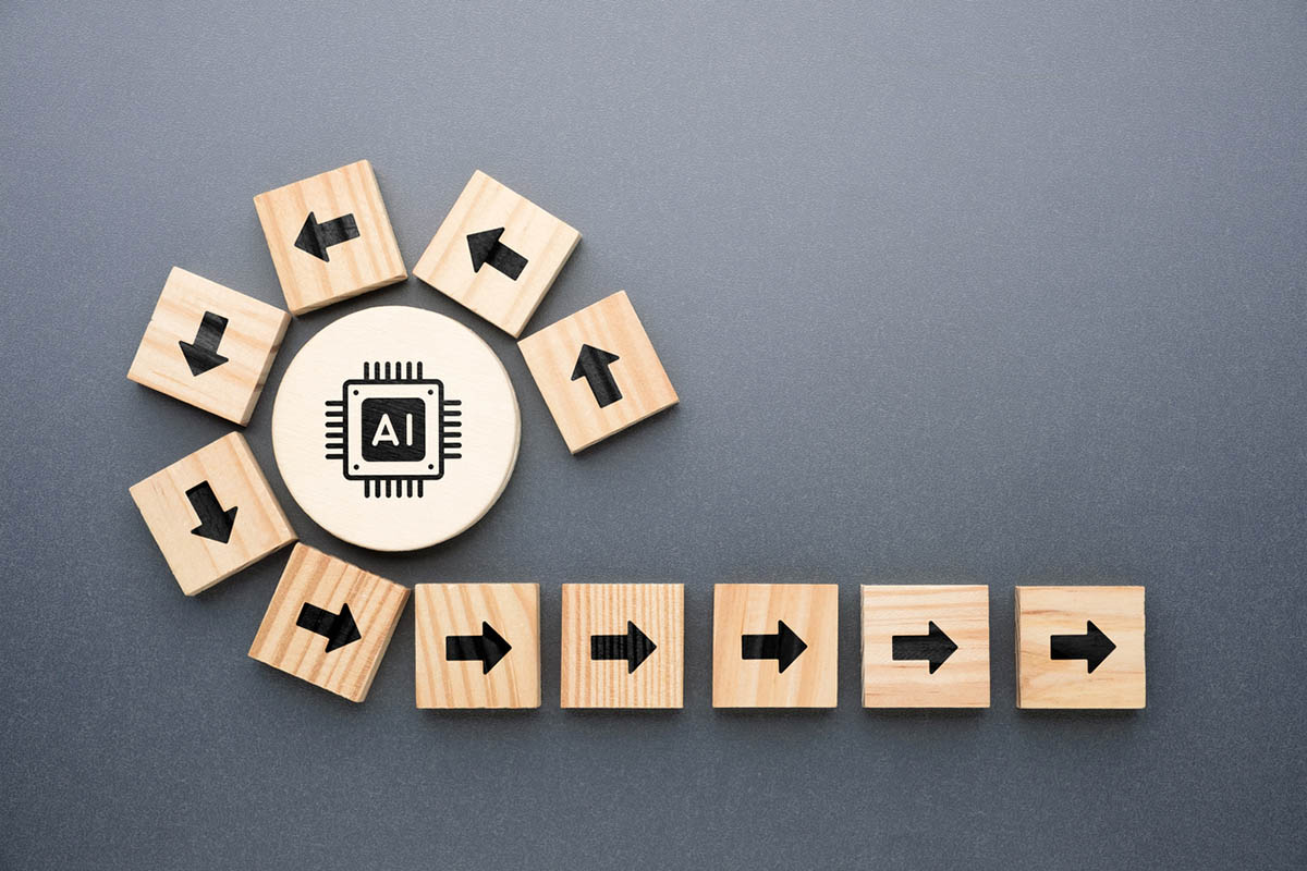 Wooden blocks with black arrows arranged in a circular pattern around a central piece labeled “AI,” illustrating how AI-driven decision-making filters and directs choices in a structured process.
