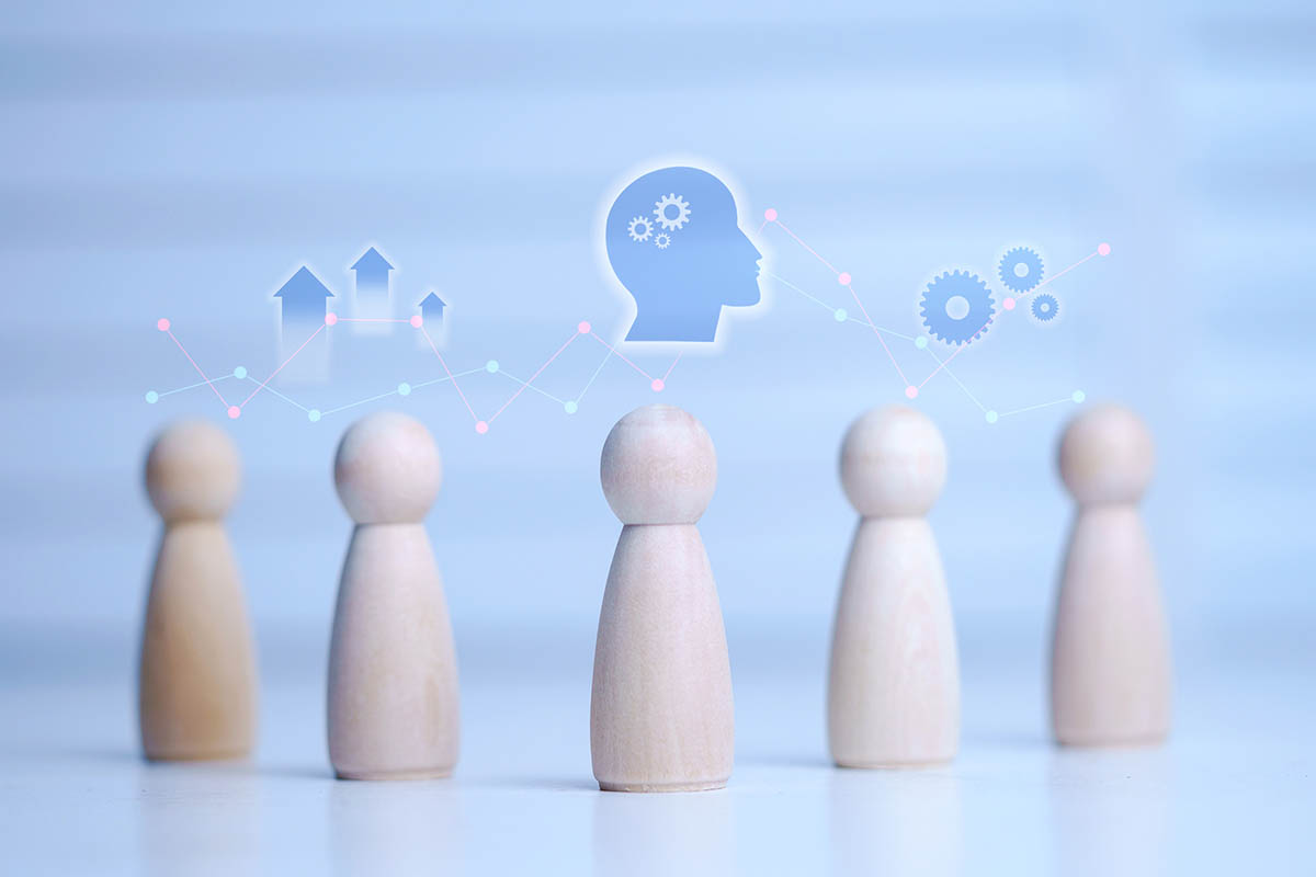 Wooden figures connected by digital data lines, with AI and growth icons above them, symbolizing how organizations distribute thought leadership content in an AI-driven landscape.