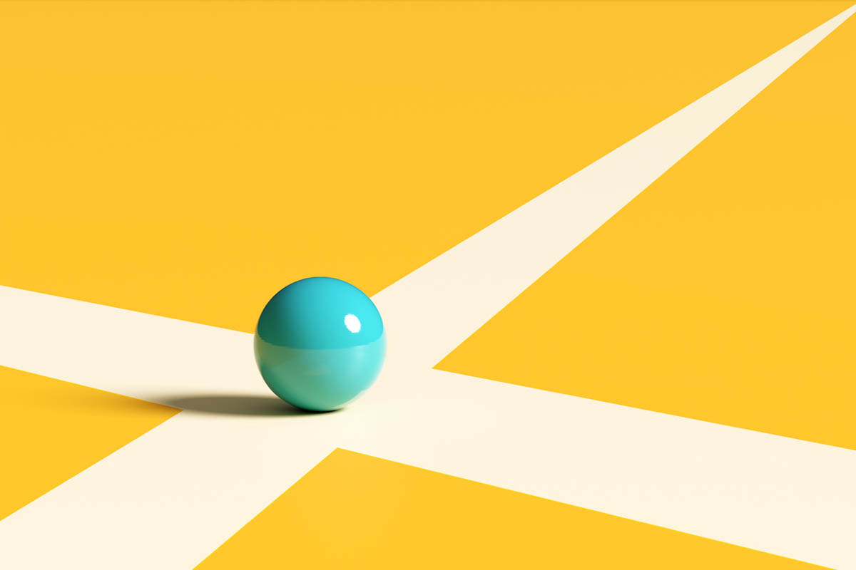 Teal sphere at a crossroads on a yellow background, symbolizing how to position strategy services when buyers see strategy as expendable.