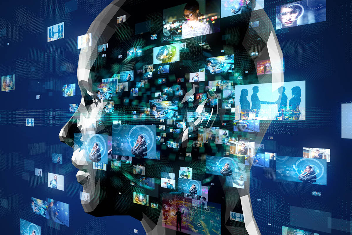 Digital AI head composed of streaming online content, illustrating generative engine optimization and how AI pulls information from multiple sources.