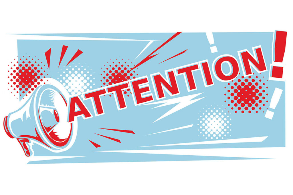 Illustration of a megaphone blasting the word “Attention!” in bold letters, symbolizing content titles that grab attention and make readers stop and engage.
