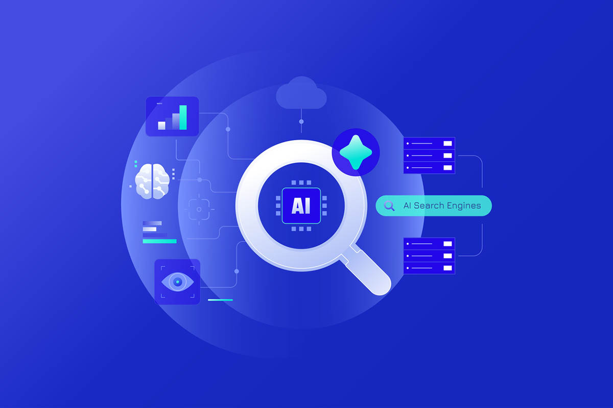 Magnifying glass highlighting an AI chip with connected data icons, representing how AI agents power search and analytics.