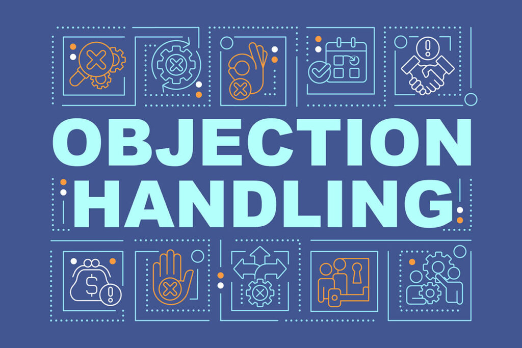 Illustration of objection handling concepts and icons, representing common buyer objections in the sales process