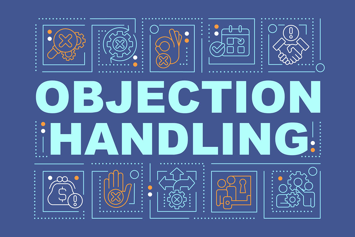 Illustration of objection handling concepts and icons, representing common buyer objections in the sales process