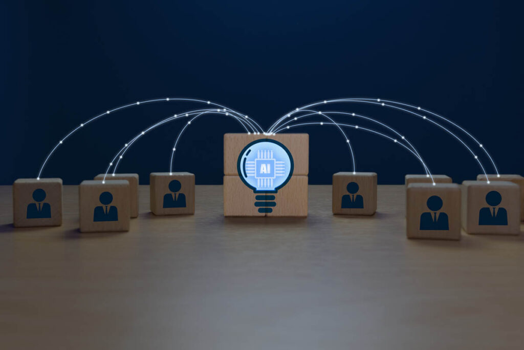 Illustration representing AI and thought leadership, featuring a central AI icon connected by glowing lines to business leader icons on wooden blocks against a dark background.