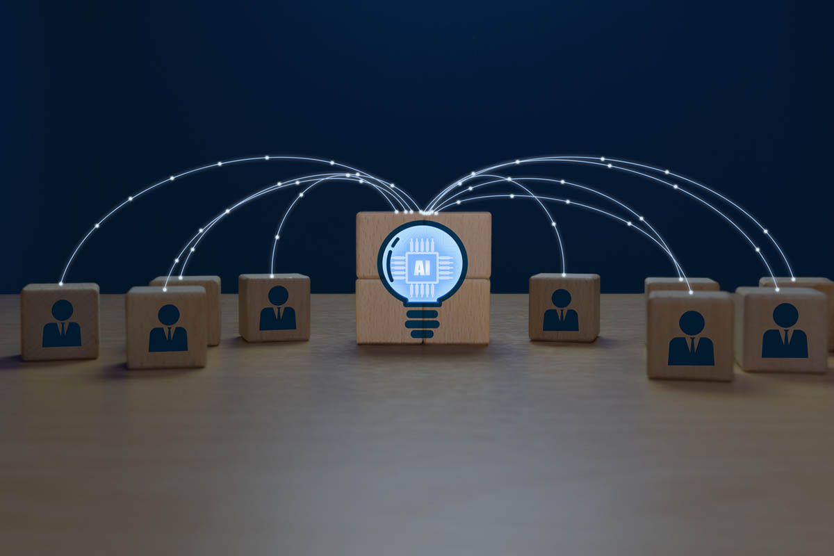 Illustration representing AI and thought leadership, featuring a central AI icon connected by glowing lines to business leader icons on wooden blocks against a dark background.