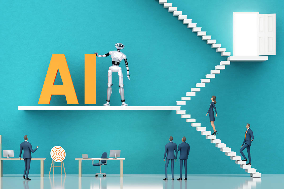 Illustration showing how AI creates business opportunities. A large yellow “AI” stands beside a humanoid robot on a platform, while business professionals gather below and climb a staircase toward an open door, symbolizing new paths, career growth, and emerging opportunities driven by artificial intelligence.