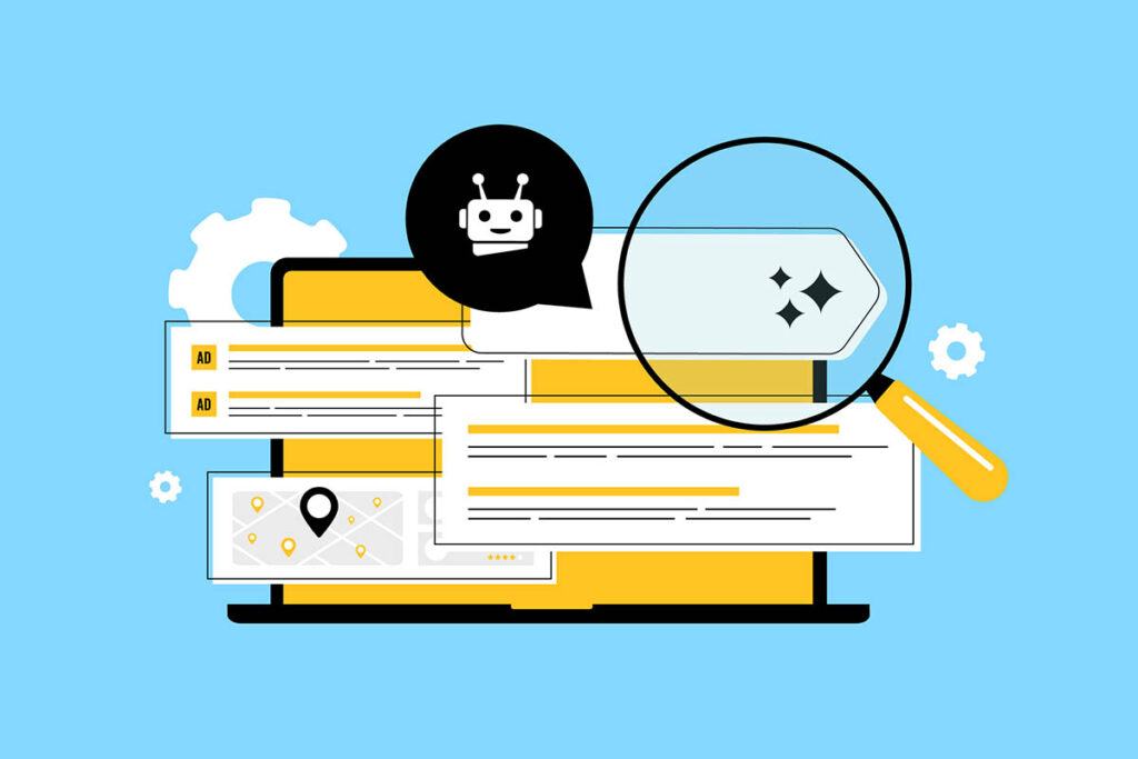 Illustration of a laptop displaying search results with a chatbot icon, a magnifying glass highlighting an AI search summary, and content panels representing how to get cited by AI in search results.