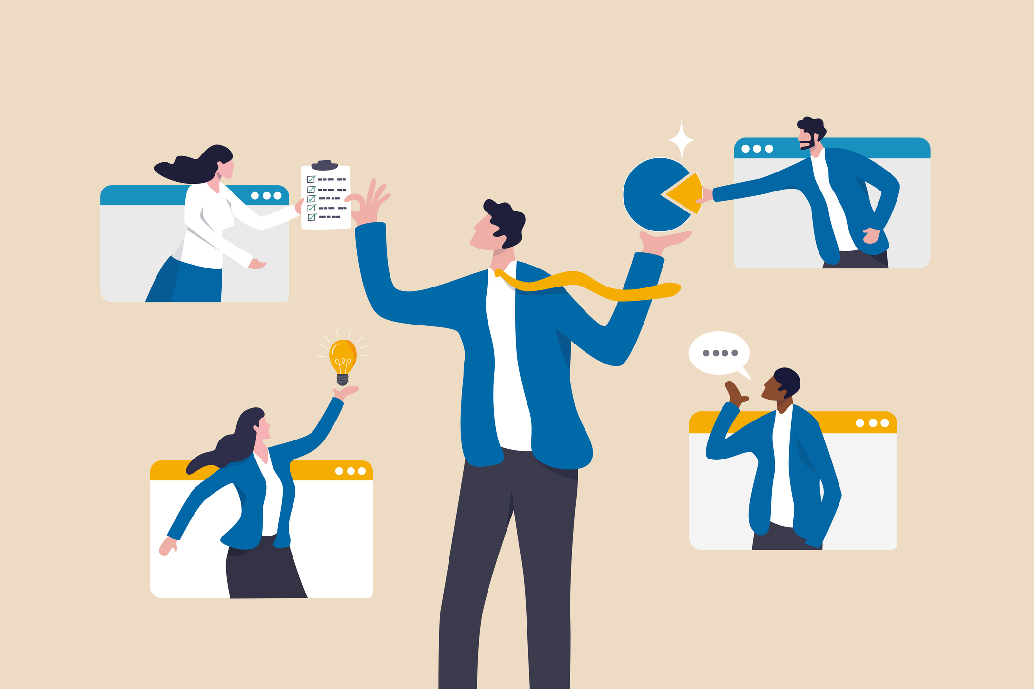 Vendor, third party or outsourcing, work with client or colleagues virtually, contractors or supplier, provider or partner concept, business people work virtually together collaborate for success.